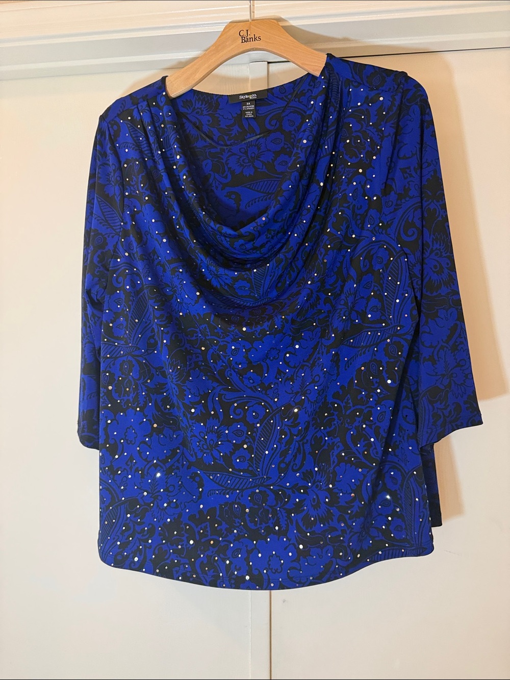 Style & Co. Blue and Black Cowl-Neck Blouse with Sparkle